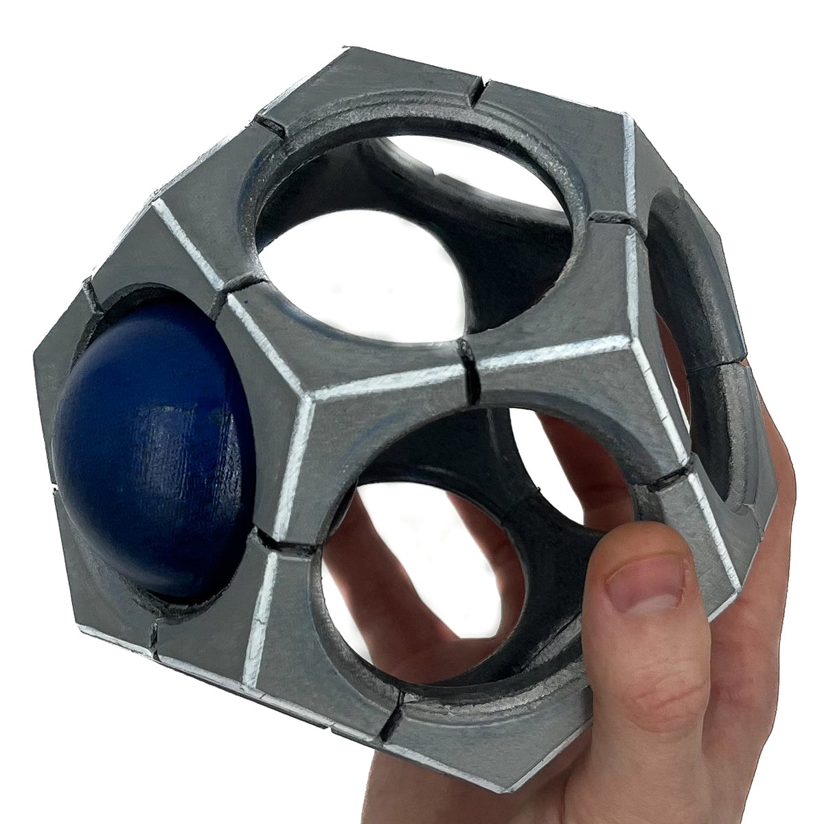 finished Sigma Hypersphere-inspired 3D printed cosplay prop photographed from another angle