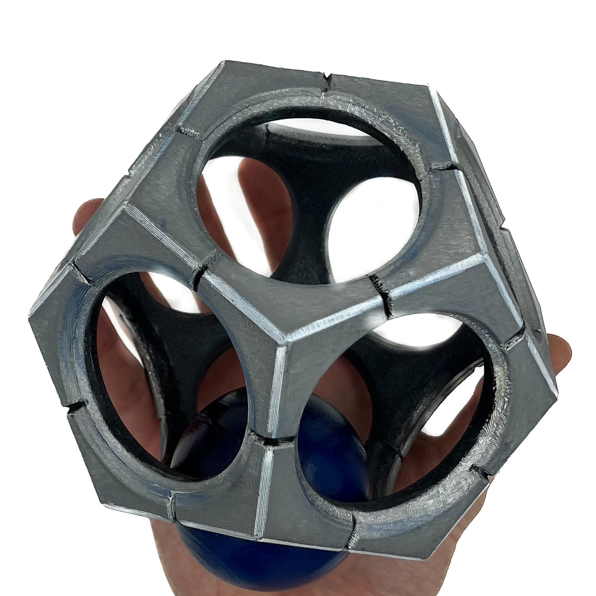 finished Sigma Hypersphere-inspired 3D printed cosplay prop photographed from another angle