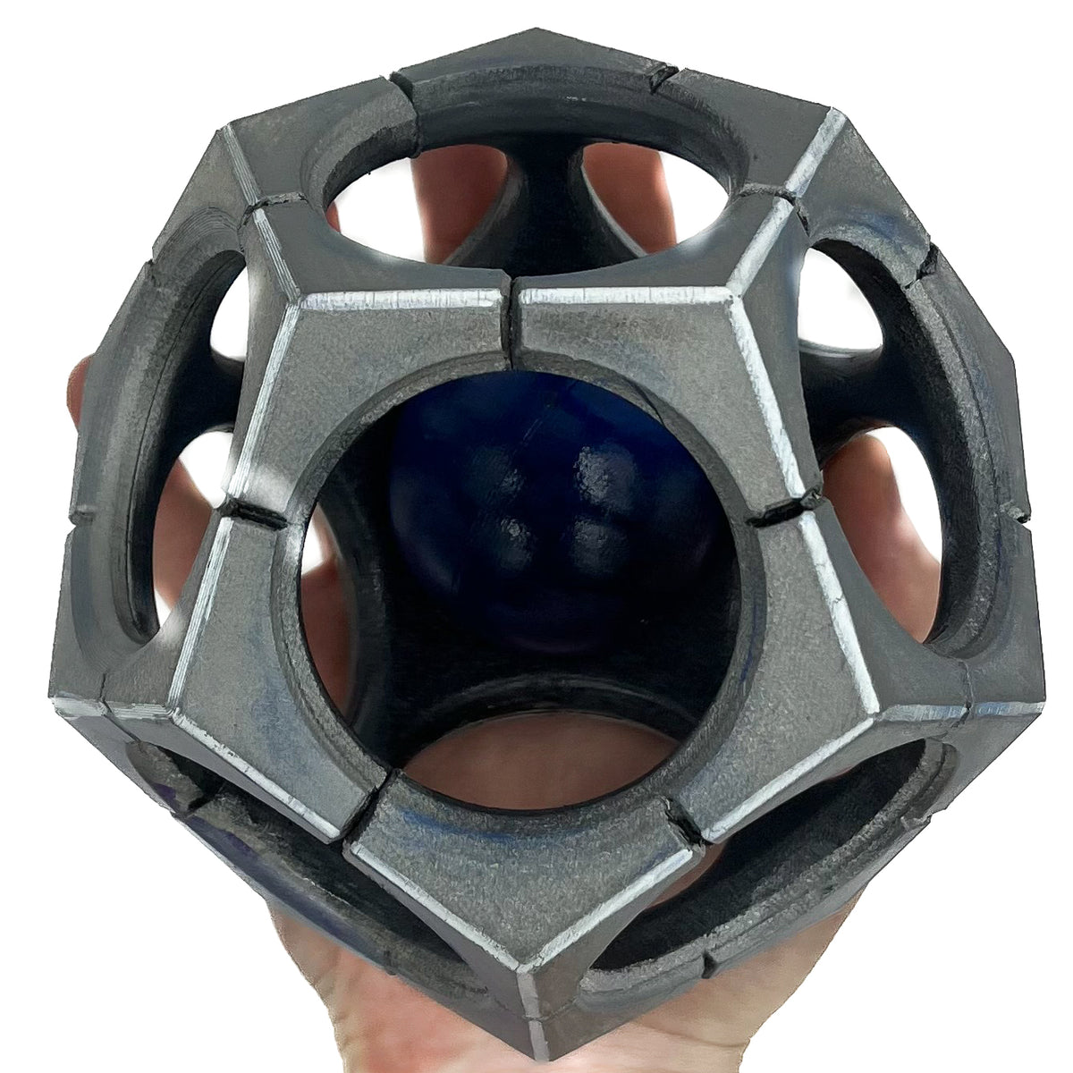finished Sigma Hypersphere-inspired 3D printed cosplay prop photographed from another angle