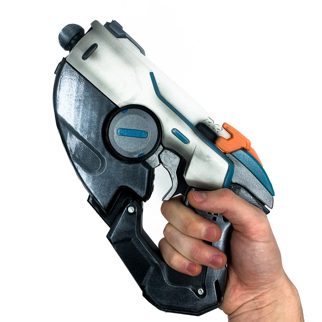 finished Tracer Pulse Pistol-inspired 3D printed cosplay prop photographed from another angle