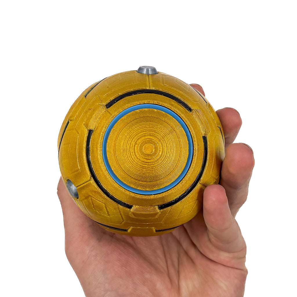 Hand-held view of the 3D printed Zenyatta Orb of Destruction cosplay accessory