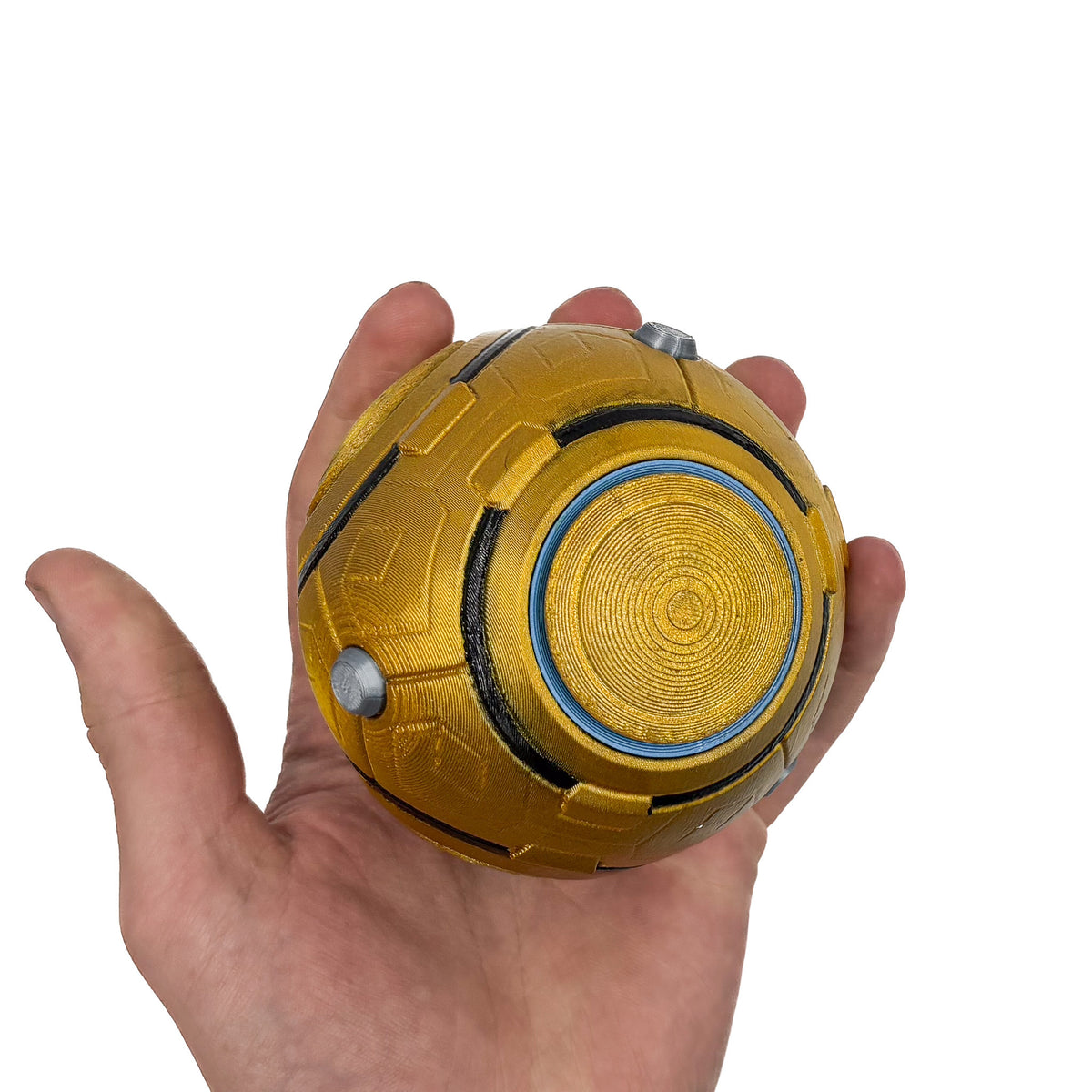 Side detail of the Zenyatta Orb of Destruction prop with blue ring and silver nodes
